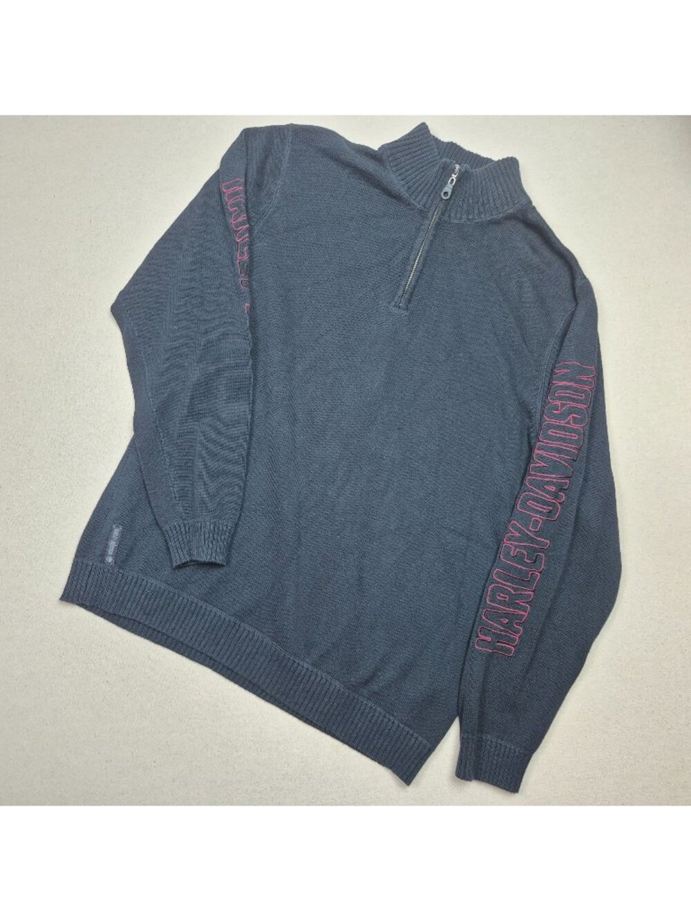 Harley Davidson Mens Embroidered Knit 1/4 Zip Black Pullover Biker Sweater Sz XL